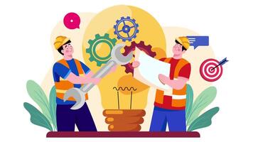 Engineering Work Explainer 2D Animation, Two Men with Vests and Helmets Working on Project in 4K Resolution video