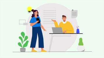 Man and Woman at Desk with Laptop, 2D Animation, Business People Working Together, Office Collaboration in 4K video