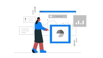 2D Animation of Businesswoman with Chart, Explaining Business Strategy, Presentation and Marketing Content, Woman Looking at Screen with Person Image video