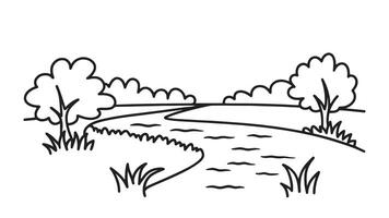 Tranquil river meanders through a verdant field bordered by lush grass and trees creating a peaceful natural scene line art flat illustration vector