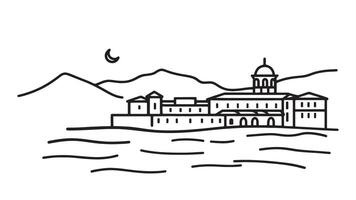 Night view of Lake Como Italy showcasing shimmering water and illuminated buildings along the shoreline line art flat illustration vector