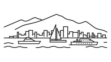 Scenic city view featuring a harbor with boats and mountains rising in the background under a clear blue sky line art flat illustration vector
