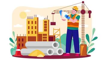 Construction Worker with Hammer and Crane, Engineering Animation in 4K Resolution video