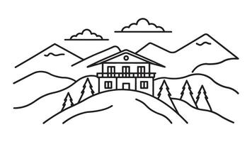 House atop a mountain in the Dolomites with breathtaking landscapes of mountains and trees in the background line art flat illustration vector