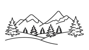Tranquil winter scene featuring snow laden trees and majestic mountains in the background line art flat illustration vector