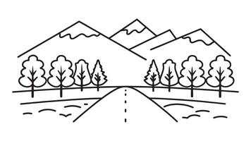 Serene road in Switzerland leading towards the towering Alps framed by vibrant trees and clear skies line art flat illustration vector