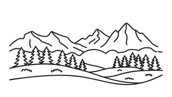 Panoramic landscape of the Swiss Alps featuring towering mountains and vibrant greenery in Switzerland line art flat illustration vector