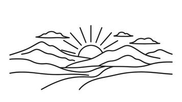 The sun sets behind a mountain range illuminating the sky with vibrant colors and creating a serene landscape line art flat illustration. vector