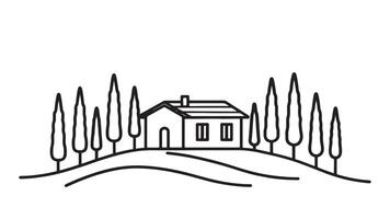 Scenic view of an Italian countryside with cypress trees surrounding a charming house line art flat illustration vector