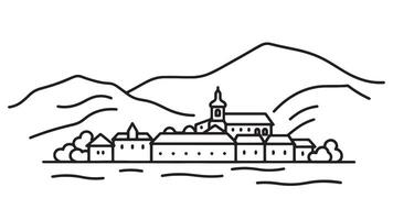 Scenic image of Kotor Montenegro featuring its charming old town and surrounding mountains under a clear blue sky line art flat illustration vector