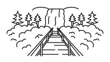 Wooden bridge extends through the woods leading to a cascading waterfall surrounded by lush greenery line art flat illustration vector