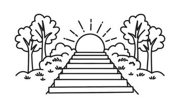 Wooded path with stone steps ascending towards a bright sunlit area surrounded by trees and greenery line art flat illustration vector