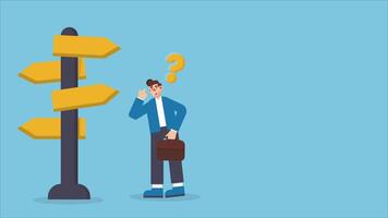 Animated confusing businessman looking at multiple road sign with question mark and thinking which way to go video