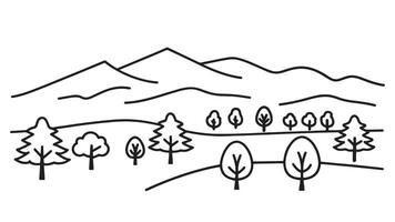 Picturesque field featuring various trees with a backdrop of impressive mountains under a bright blue sky line art flat illustration vector