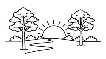 Tranquil forest landscape with lush trees illuminated by the warm colors of a setting sun line art flat illustration. vector
