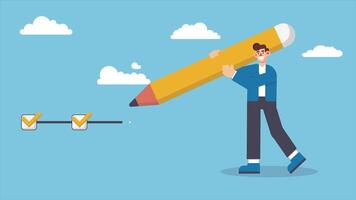 Animated businessman project manager holding big pencil to check completed tasks in project management timeline video