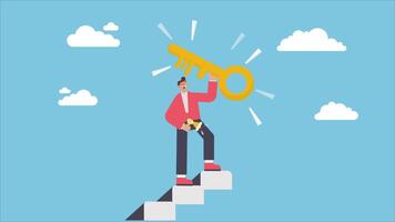 Animated Key to business success, stairway to find secret key or achieve career target concept, businessman winner walk up video