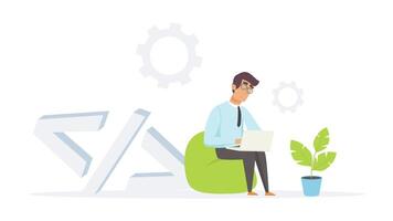 2D Illustration of a Man Sitting on Bean Bag with Laptop, Web Developer Animation in 4K video
