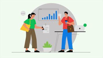 Business People Working and Meeting in Office, 2D Animation, Corporate Teamwork, Collaboration Scene in 4K, Two People Standing in Front of Chart video