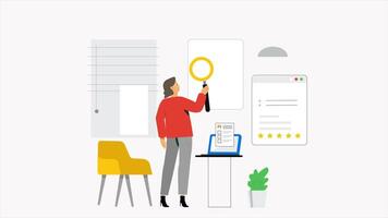 Job Interview 2D Animation, Woman Analyzing Whiteboard with Magnifying Glass for Business or Career Presentation video