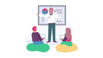 Business People Presentation at Board, 2D Animation, Office Work Scene, Team Briefing, Strategy Planning, Business Meeting, 4K Resolution video