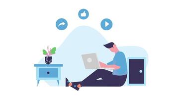 2D Animation of Man with Laptop and Social Media Icons, Digital Marketing and Tech Solutions Promo in 4K video