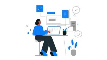 Woman Sitting at Desk with Laptop, 2D Animation of Female Office Worker, Working Scene in 4K for Business and Workplace Concept video