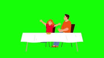 Father and Daughter at Dinner Table, 2D Animation on Green Screen, Family Mealtime Scene, Eating Together video