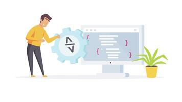 Man Standing Beside Computer Screen with Code, 2D Animation, Programming Display, Web Development and Coding Illustration video