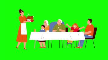Family Sitting at Table with Woman Serving Food, 2D Animation on Green Screen, Mealtime and Family Gathering Scene, Family Meal Animation video