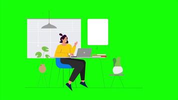 2D Animation of Businesswoman Working on Laptop in Office Desk Scene, Job Interview or Office Setup on Green Screen video