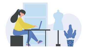 2D Explainer Animation of Clothing Designer in Office with Laptop, Fashion Design Projects in 4K Resolution video