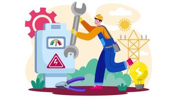 Electrical Panel Network Engineering Animation, Cartoon Man Working on Power Systems in 4K Resolution video