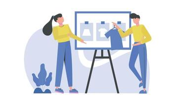 Two People Standing Next to a Whiteboard with Clothes on It, 2D Illustration of Fashion Planning and Design video