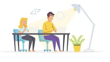 Man and Woman Programming, Cartoon Characters Working on Laptop, 2D Animation for Software Development, Tech and Coding Project Scene video