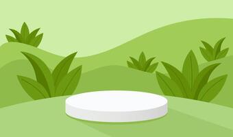 Mockup of white round podium on green ecological background with leaves. template. Place for advertise products. vector