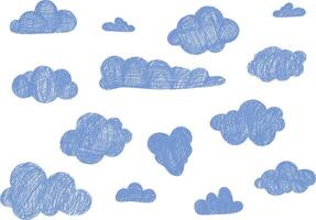 Seamless pattern with textured clouds in hand drawn, doodle style. Suitable for weather themes, kids backgrounds, and textile prints. Blue crayon like clouds on white background. vector