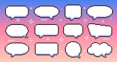 Retro pixelated speech bubbles of various shapes. Pixelated dialogue boxes. illustration vector