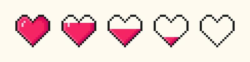 Set of pixel art hearts of life in 8-bit retro style. Game pixelated hearts for health bars. illustration vector