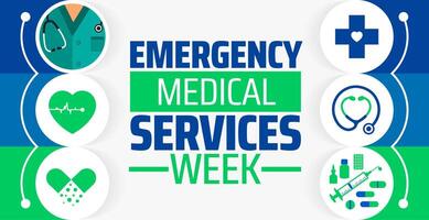 Emergency Medical Services Week background banner or poster design template. observed every year in May. Holiday concept. Use to any Template, card, poster, placard, template. vector