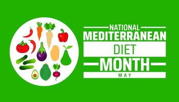 National mediterranean diet month background banner or poster design template. observed every year in May. Holiday concept. Use to any Template, card, poster, placard, template. vector