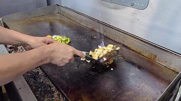 Cook preparing delicious grilled vegetables and chicken meat on a professional kitchen griddle, showcasing culinary skills video