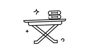 Animated Laundry line art awaits neatly folded clothes rest on an ironing board. video