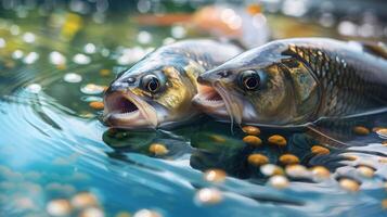 Sunlit Pond. Fish Nibbling on Floating Pellets with Reflective Ripples for Nature Design photo