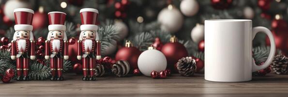A coffee mug and nutcrackers are next to a christmas tree photo