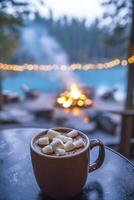 Hot chocolate with marshmallows on a table in front of a fire photo