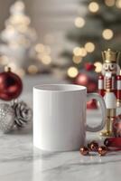 A white mug with a nutcracker on it next to a christmas tree photo