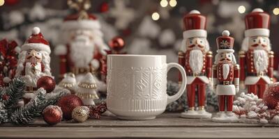 A cup of coffee and a nutcracker figurine on a table photo