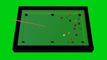 3D Pool Cue Striking Cue Ball to Pocket Other Balls on Green Screen video