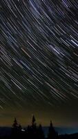 Star trails over dark forest silhouette, colorful lines of stars captured with long exposure, creating a mesmerizing view of the night sky, Vertical footage video